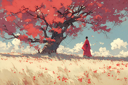 红花大树下的红衣女子背景图片