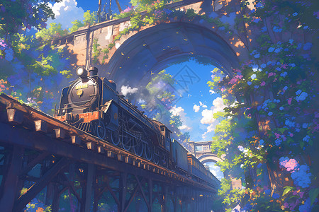 花海中浮现的火车背景图片
