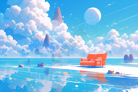 梦幻漂浮岛的沙发插画