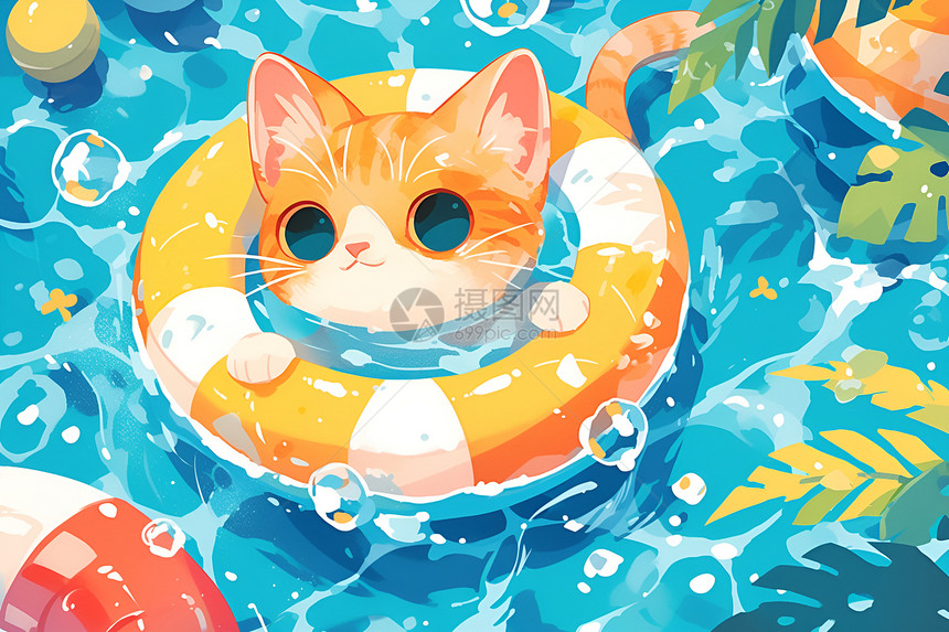 猫咪在清澈泳池中图片