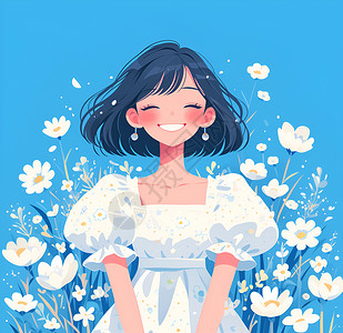 花朵裙子花海中的快乐女子插画