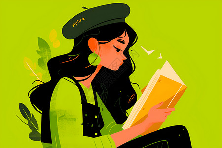 绿色背景下的女孩阅读书籍背景图片