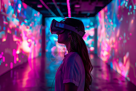 女子竞走一个戴着虚拟头盔的女孩设计图片