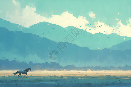 草原和马草原上的孤马插画