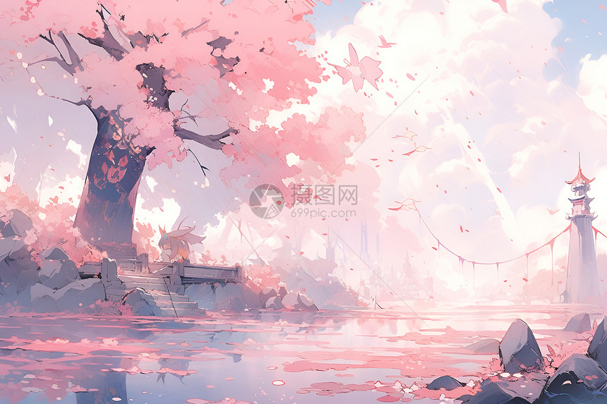 粉色桃树下的河流图片