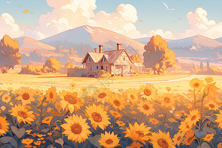 别墅铁门草地上的向日葵和房子插画