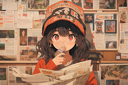 红帽少女阅读报纸背景图片