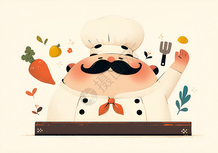 西餐厨师形象展示厨师拿着叉子和胡萝卜插画