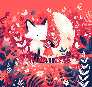 森林中一只狐狸和女孩背景图片
