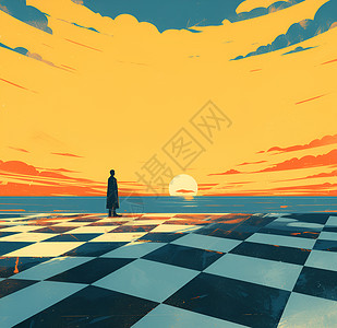 夕阳洒向棋盘格地板上的男人插画
