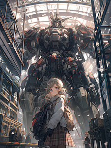 科幻机甲少女在机械巨人面前插画