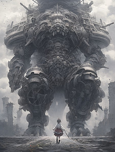女孩与巨型机器人背景图片