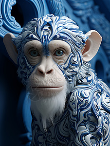 雕塑花纹蓝白花纹猴子插画