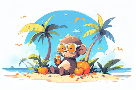 海滩上的椰子树海滩上的猴子插画