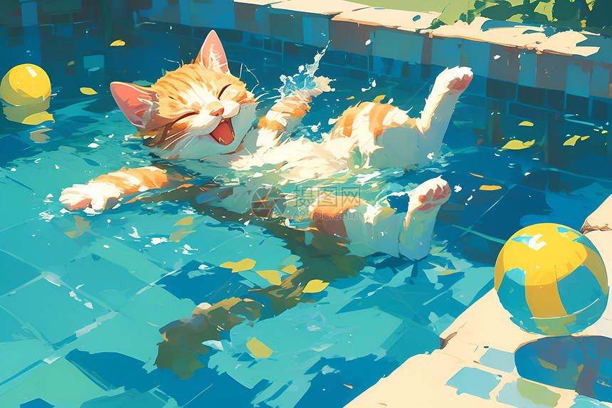 水中畅游的小黄猫图片