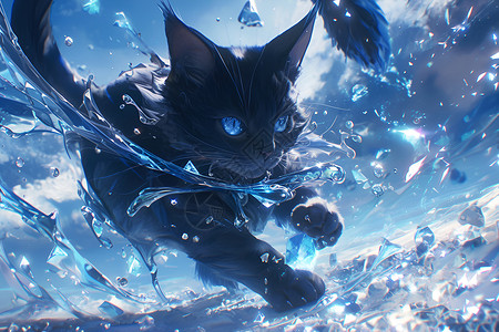 水中嬉戏的黑猫背景图片