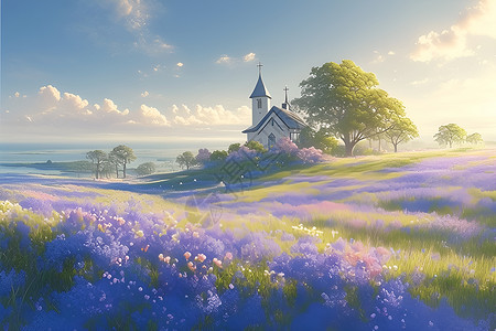 春日乡间教堂与绚丽野花背景图片