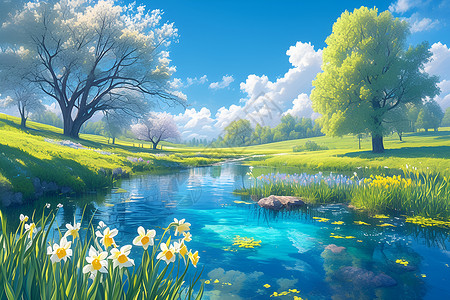 春日田园池塘背景图片