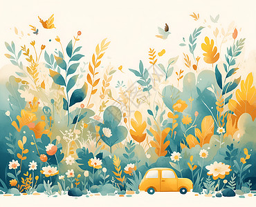树叶插图花海里的汽车插图插画