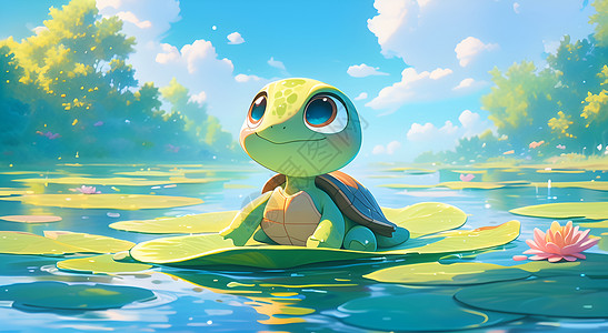 卡通池塘背景小乌龟坐在荷叶上插画