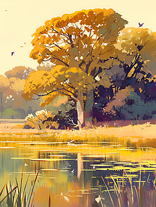 湖边的树木背景图片