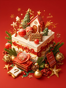 德式圣诞蛋糕红与喜庆的圣诞蛋糕插画