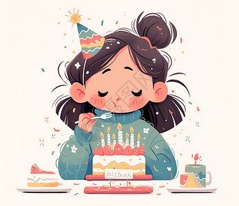 生日女孩生日蛋糕前的女孩插画