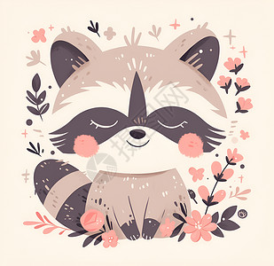 粉色花丛里的浣熊背景图片