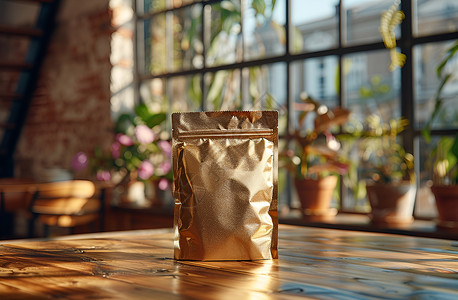 写实密封袋窗户下的金色咖啡袋背景
