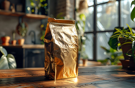 木桌上的咖啡包装袋高清图片
