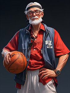手持对联的男人手持篮球的老年人插画