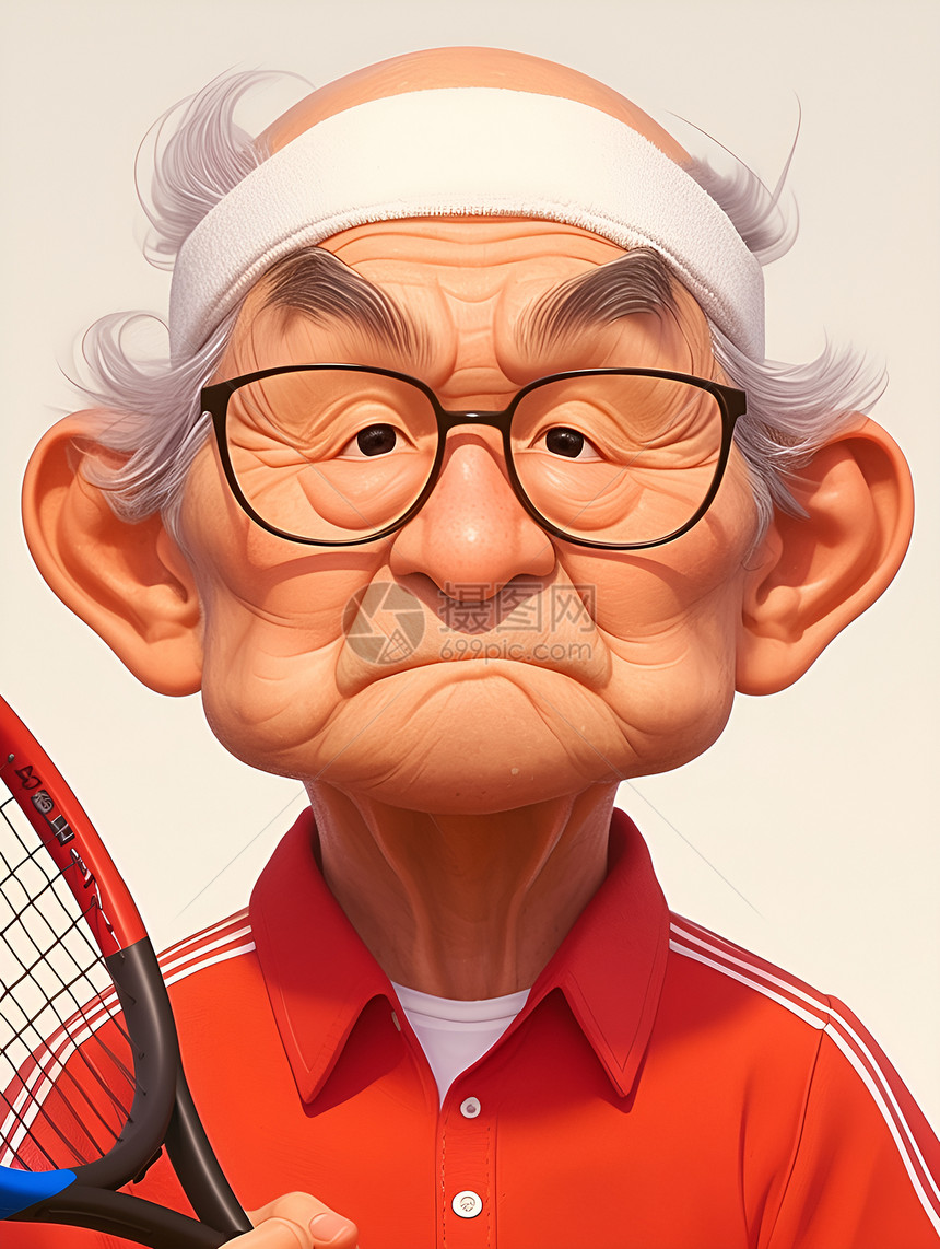 老头拿着网球拍图片