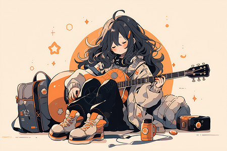 弹古筝少女弹着吉他的少女插画