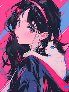 猫系少女少女与猫粉色背景插画