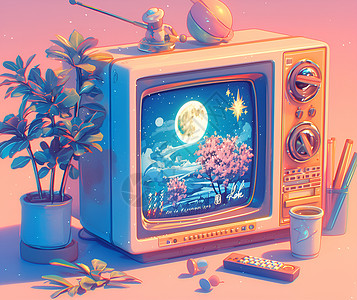 广州电视天粉色天空下的复古电视与月亮和星星的可爱插画插画