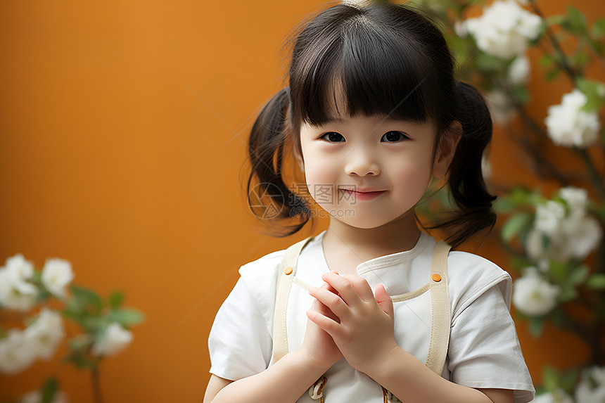 花丛前微笑的小女孩图片