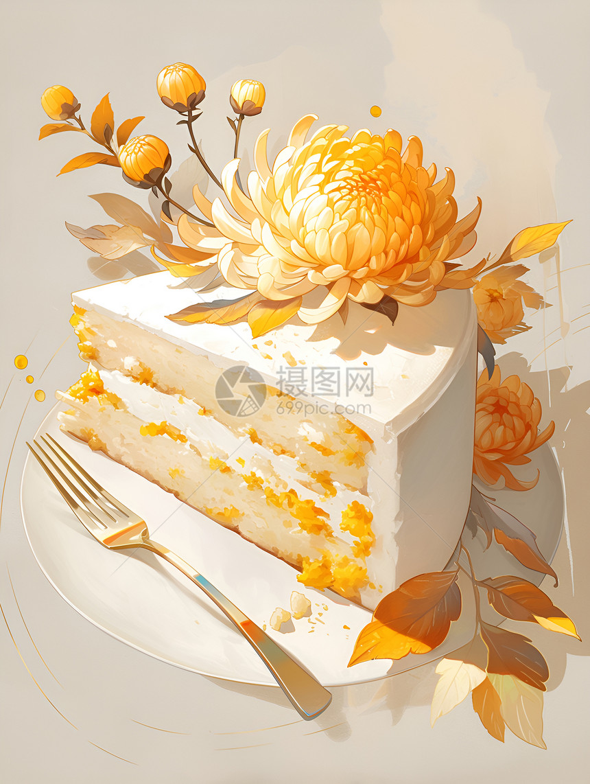 花朵装饰的菊花蛋糕图片