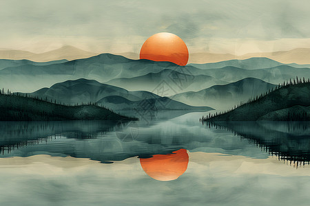 恬静美丽的山湖日落背景图片