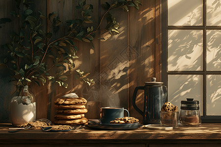 木桌上的食物背景图片