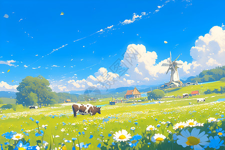 风车与牛的初春田野背景图片