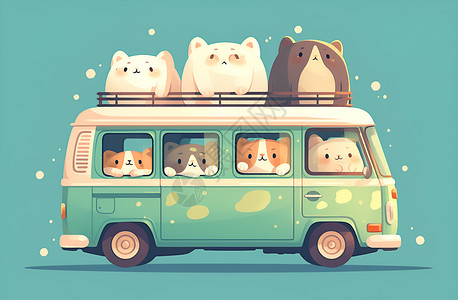 巴士卡通汽车里的小动物插画