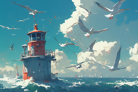 海洋中的海塔和海鸥插画