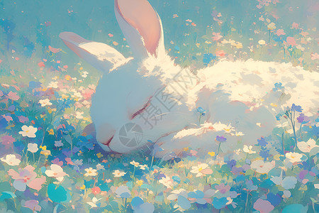 野兔圆环兔子在花丛插画