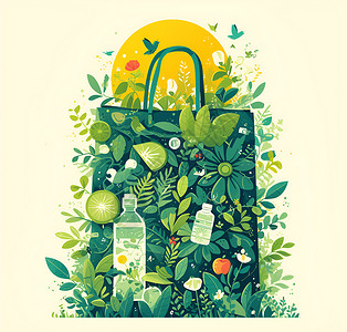 绿色生态购物袋上的叶子背景图片