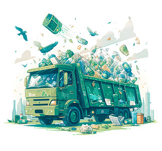 回收徽标环保艺术的彩色垃圾车插画