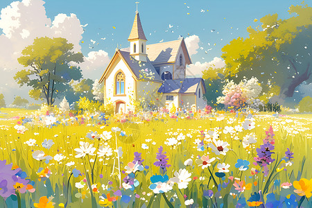 春日田野间的教堂背景图片