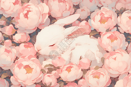 野兔婴孩白兔与粉色花朵插画