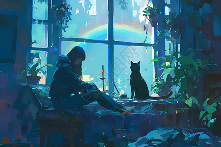 女孩和猫孤独彩虹猫高清图片