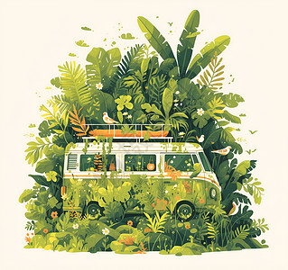 面包车素材树丛中的环保车插画