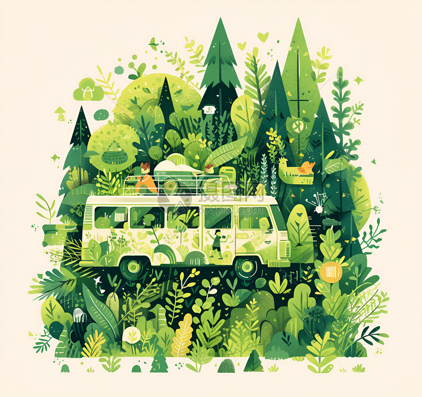 绿色面包车森林之旅图片